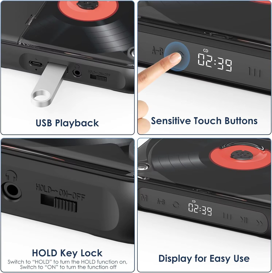 Bytelike Tragbarer Bluetooth-CD-Player mit USB-C-Schnellaufladung in Schwarz - Bild 2