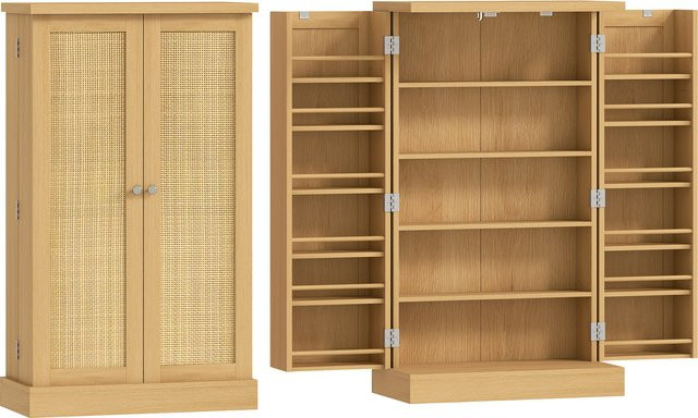 HOMCOM Küchenvorratsschrank mit Rattan-Design, Natur, Breite: 104 cm, 2 Türen, 5-stufiges Regal und 12 Gewürzfächern - Bild 1