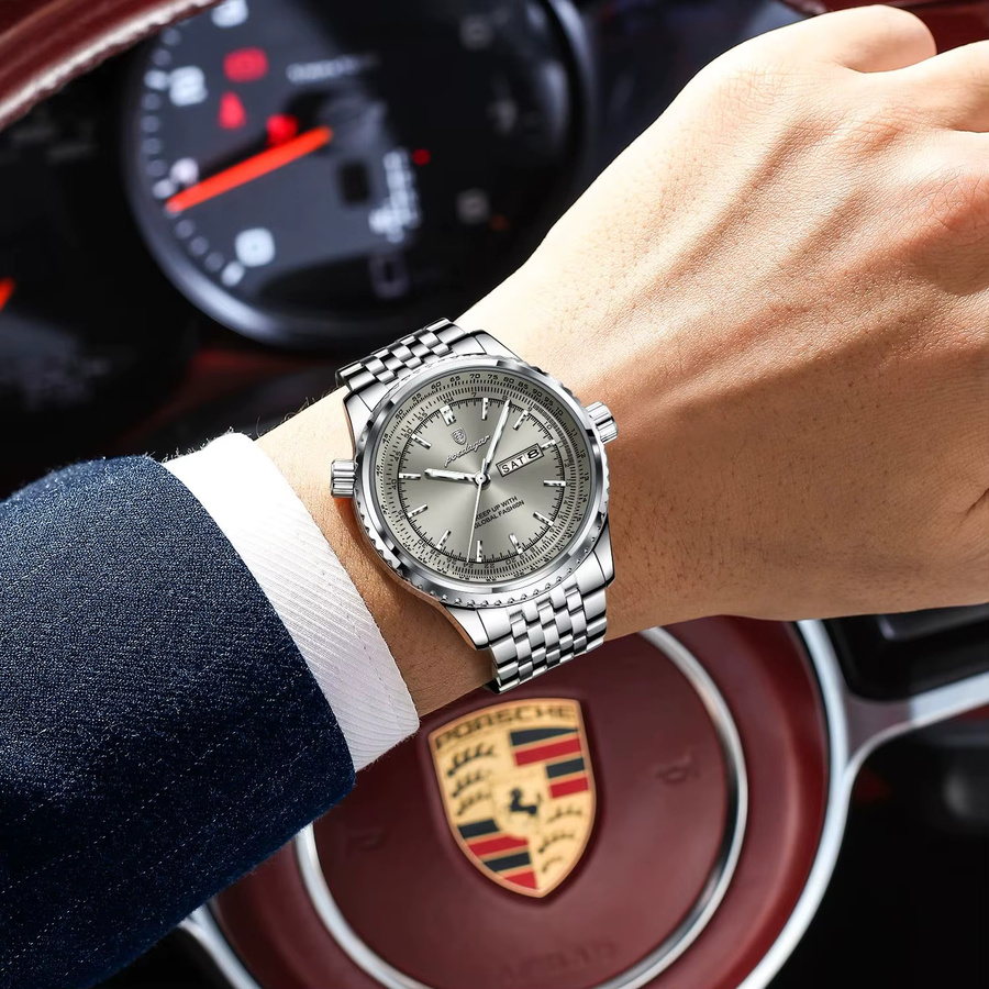POEDAGAR Armbanduhr Edelstahl, Quarz, Datum, Wochentag, Silber, Herren - Bild 5