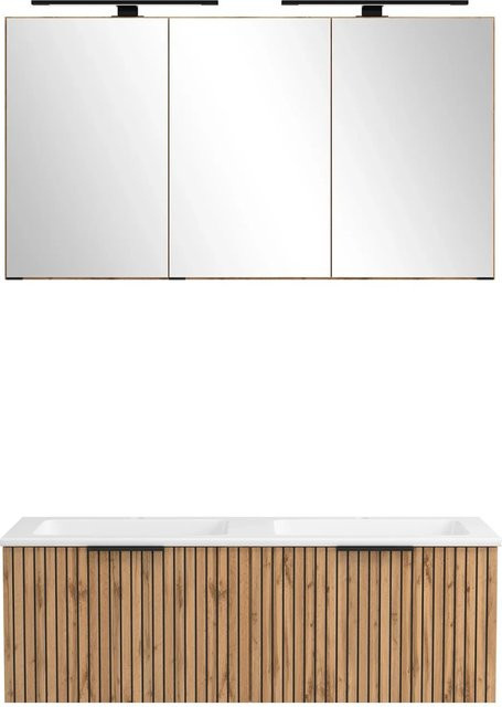 Held Möbel Waschtisch-Set mit Spiegelschrank in Wildeiche und Weiß, 2-teiliges Badezimmer-Set mit Mineralguss-Becken, LED-Beleuchtung und Soft-Close-Türen, B/T/H: 200 x 120 x 47 cm - Bild 1