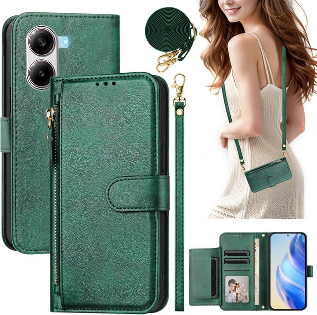 Xiaomi Crossbody Leder-Brieftaschenhülle mit Reißverschluss für Poco X8 Pro Max 5G, F8 Ultra, F7, M8, M7, X7 Pro in Blau oder Grün - Bild 1