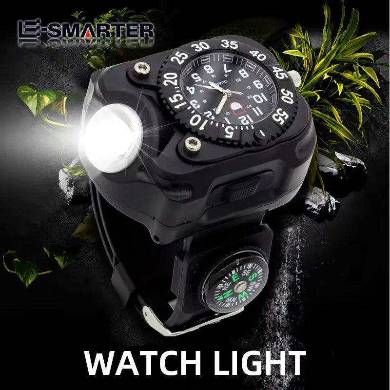 ESMARTER Wiederaufladbares LED-Handgelenklicht in Schwarz mit Uhrfunktion und Silikonarmband für Outdoor und Sport - Bild 3