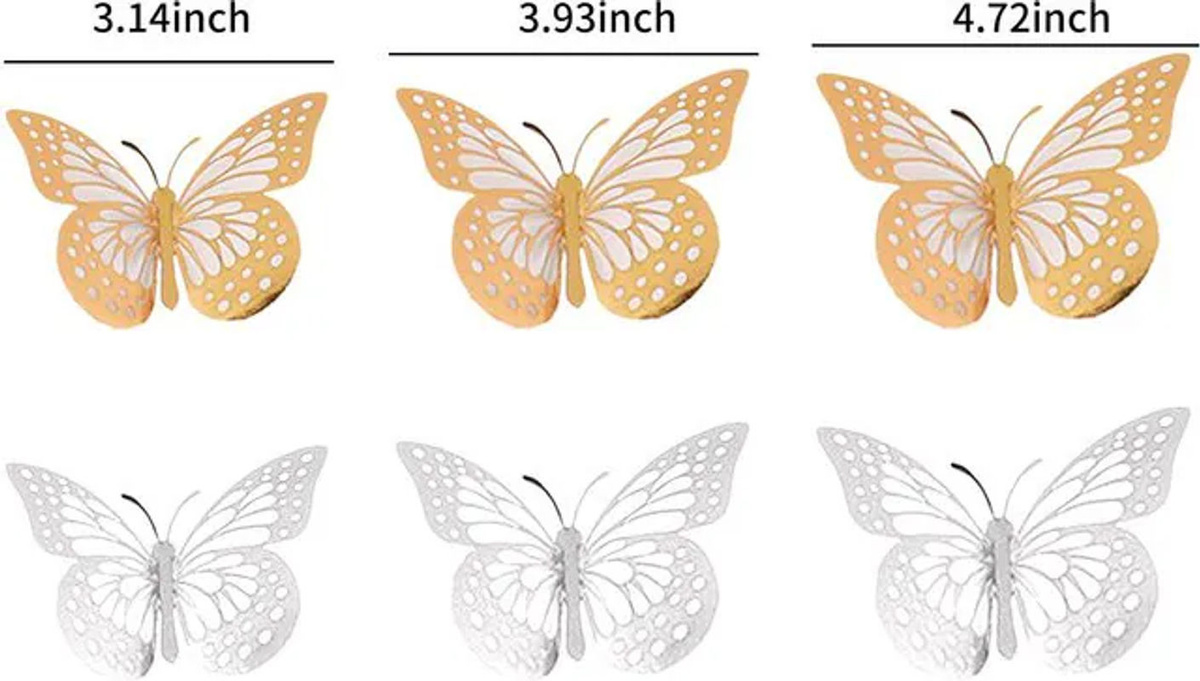 12 Stück Schmetterlings Wandaufkleber in Gold und Silber mit 3D-Ausschnitt für Wand und Kühlschrank - Bild 1