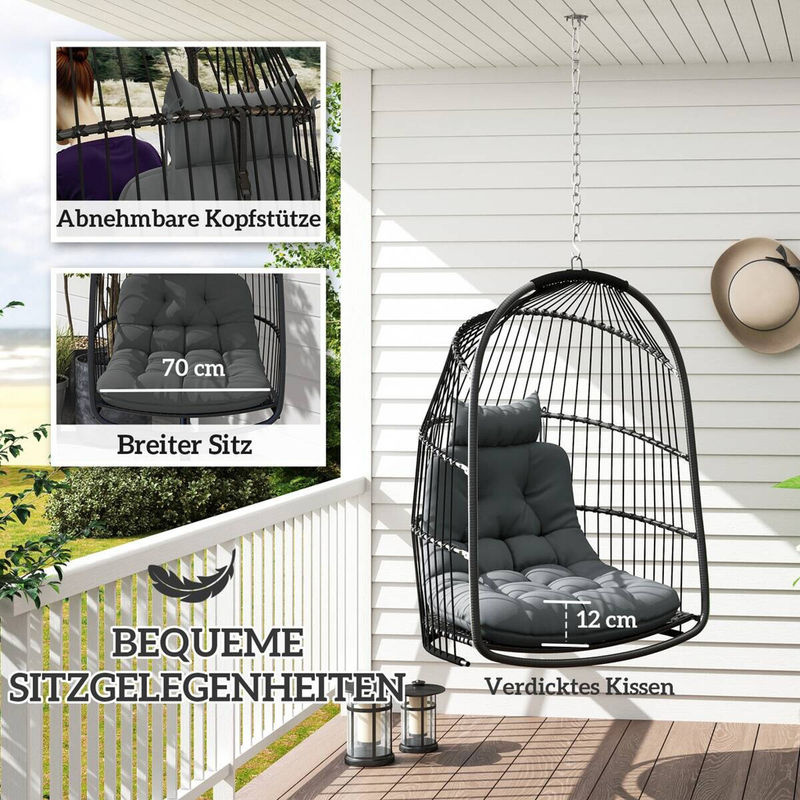 Outsunny Hängesessel aus Polyrattan mit Kissen, 360 Grad drehbar, Dunkelgrau/Schwarz, B/H/T: 68 x 105 x 74 cm - Bild 5