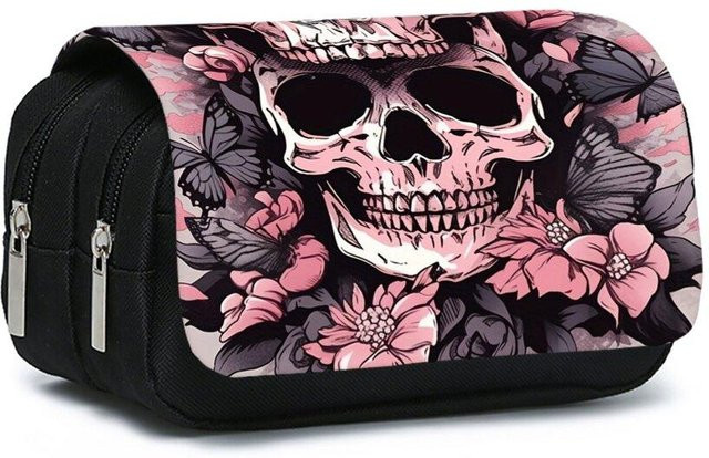 Doppellagiges Klapp-Federmäppchen von Fancy Style Studio mit Twin-Pink-Totenkopf-Print in Grau und Pink - Bild 1