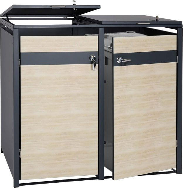 MCW 2er Mülltonnenverkleidung J82 in Buche-Holzoptik Hellbraun, erweiterbare Mülltonnenbox aus Metall, B/T/H: 117 x 132 x 80 cm - Bild 1