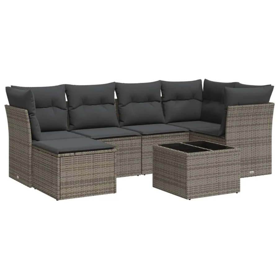 vidaXL 7-tlg Garten-Sofagarnitur in L-Form aus Polyrattan mit Kissen in Grau - Bild 2