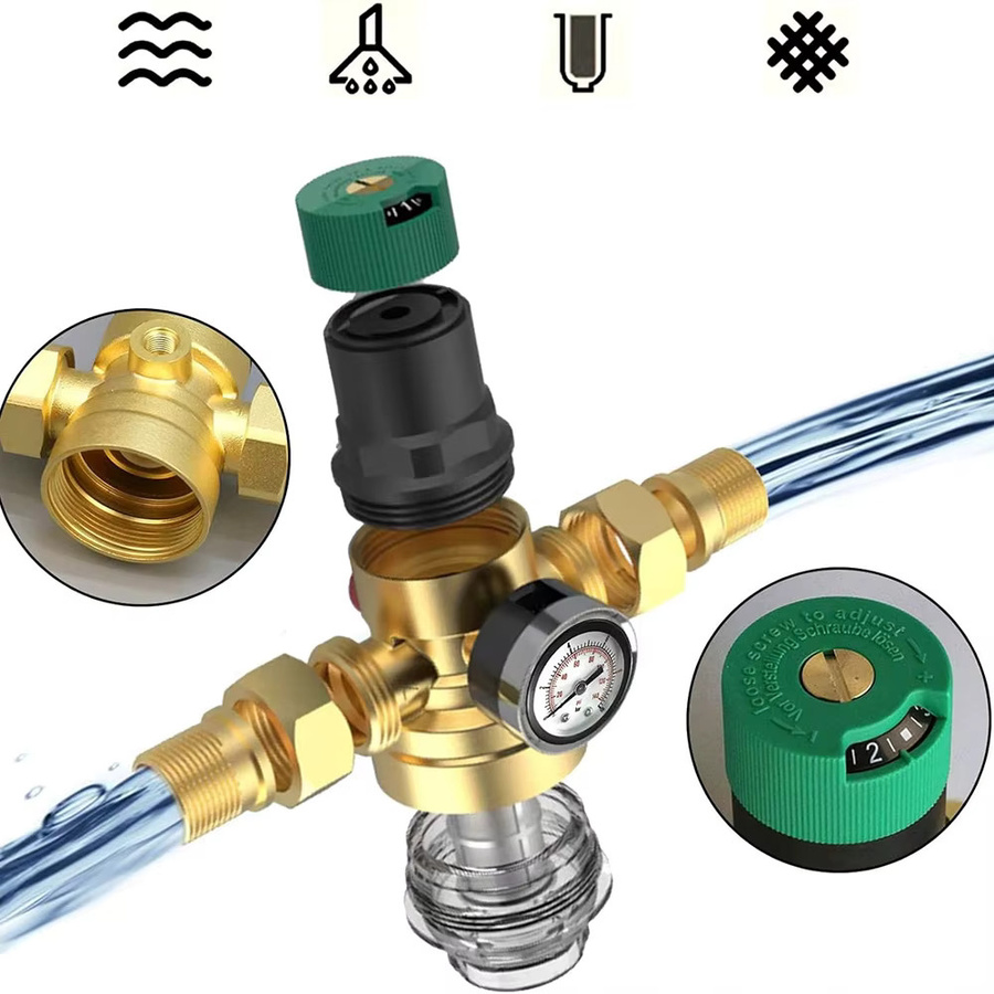 Wasserdruckminderer DN25 aus Messing in Gold mit Manometer und Siebfilter, 3/4 Zoll - Bild 2