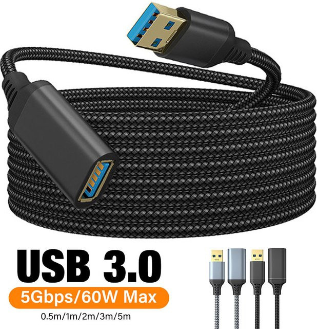 AILEHKUO USB 3.0 Verlängerungskabel aus Nylon geflochtenem Material, USB-A Stecker auf Buchse, Schwarz/Grau - Bild 1