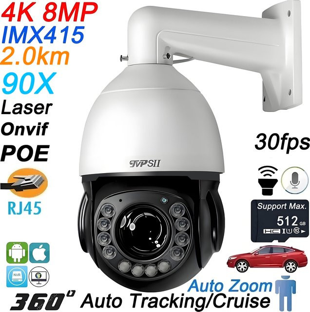 TVPSii PTZ Speed Dome IP-Kamera in Weiß mit 8 MP 4K Auflösung, 90-fachem optischem Zoom, Laser-Infrarot-Metall-Cruise, automatischer Verfolgung und 360 Grad Rotation - Bild 1