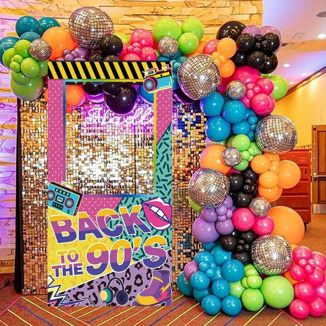 OURFETE Fotobox-Rahmen Retro 90er Jahre Hip-Hop Selfie-Hintergrund mit Boombox und Sneakers, Multicolor - Bild 1
