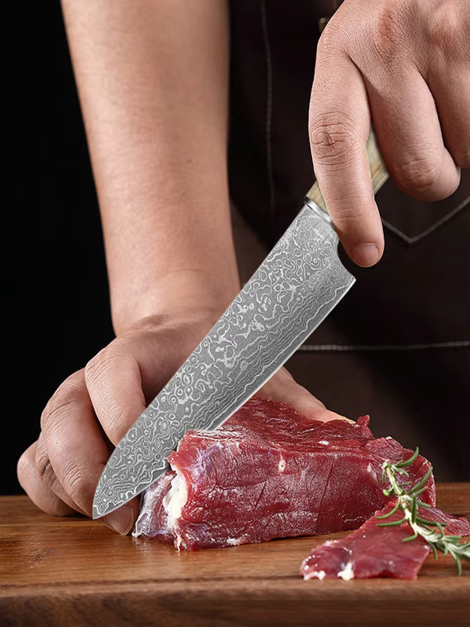 WXCOO Damaszener Stahlmesser mit VG10-Kern und Holzgriff als Allzweck-Küchenmesser für Fleisch, Obst und Gemüse inklusive Aufbewahrungsbox - Bild 7
