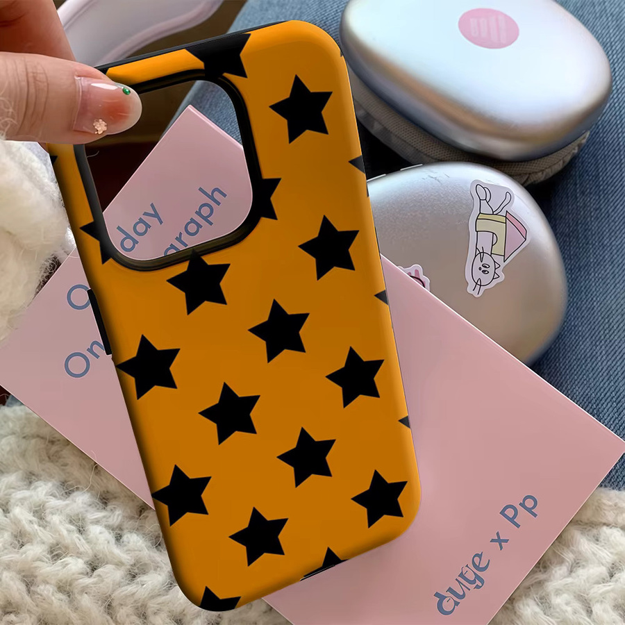 Potdemiel Handyhülle mit Sternmuster in Orange und Schwarz für iPhone 17 16 15 14 13 12 11 Pro Max Plus mit doppelschichtiger Rückseite - Bild 5