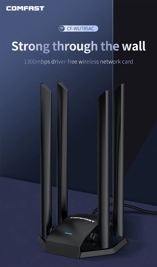 Comfast Free-Drive Dualband WLAN-Adapter mit 1300 MBit/s, Micro USB 3.0 Wireless-Netzwerkkarte, 4 x 6dBi-Antennen, Schwarz - Bild 3