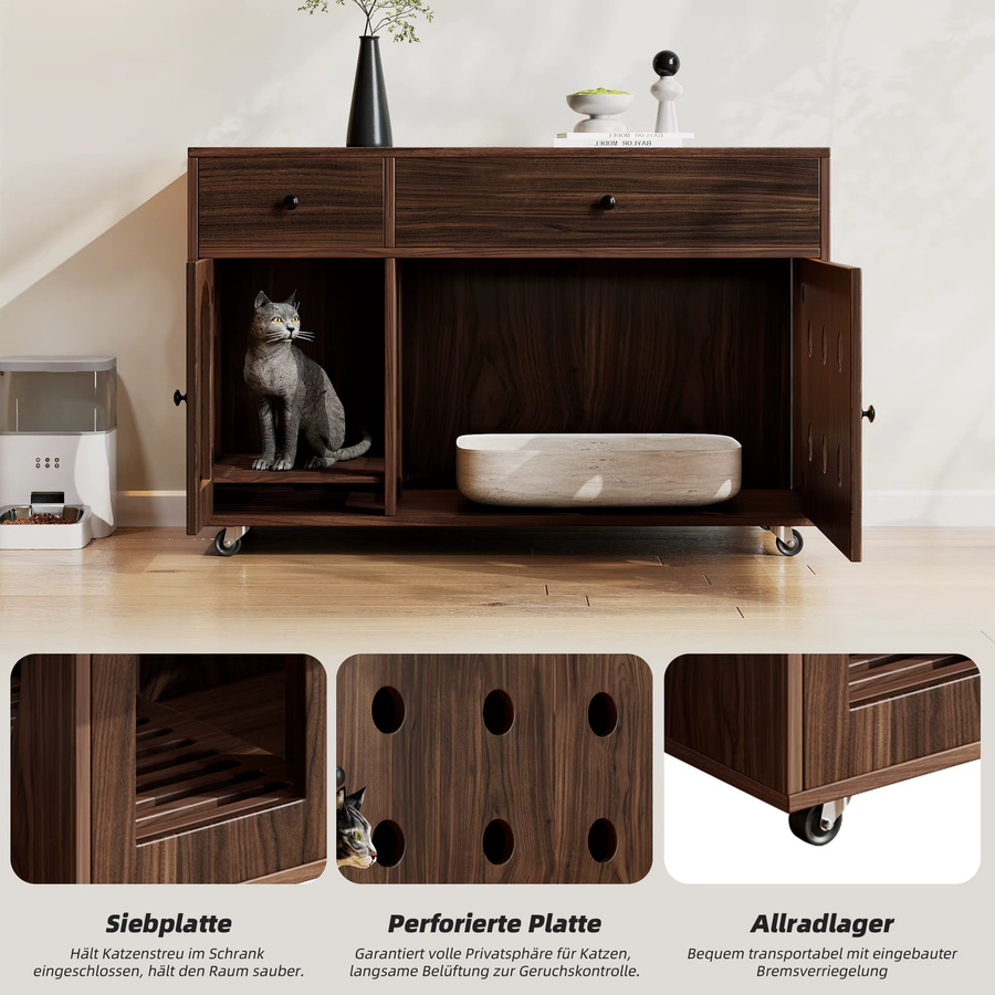 Svintora Katzenklo-Schrank aus MDF-Holz in Braun, Geruchsisoliertes Katzenhaus-Sideboard mit Aufbewahrungsschubladen und abnehmbarer Sandfangplatte, B/T/H: 100 x 45 x 66 cm - Bild 3
