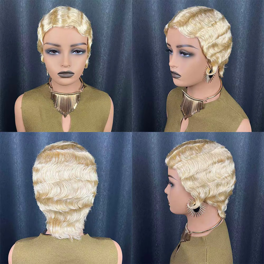 OYM HAIR Blonde Fingerwellen-Perücke, kurze Echthaar-Perücke, Damen - Bild 5