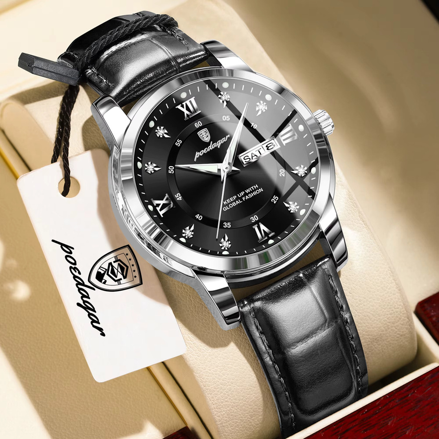 POEDAGAR Armbanduhr Quarz, Leder, Schwarz, Silber, Herren, Datum, Wochentag - Bild 2