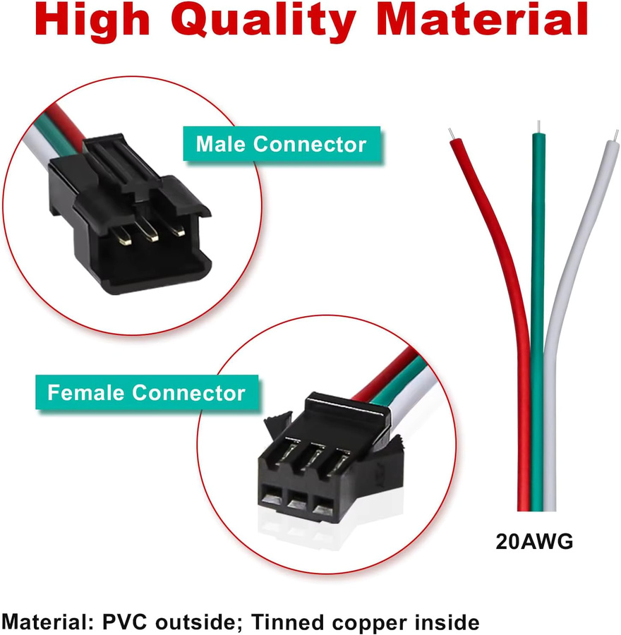 AOKIN 30 Paar JST SM 3-polige Anschlüsse mit 20 AWG-Draht, 15 cm Länge, weiblich/männlich, Multicolor, LED-Stecker für WS2812B, WS2811 und WS2812 LED-Streifenlicht - Bild 4