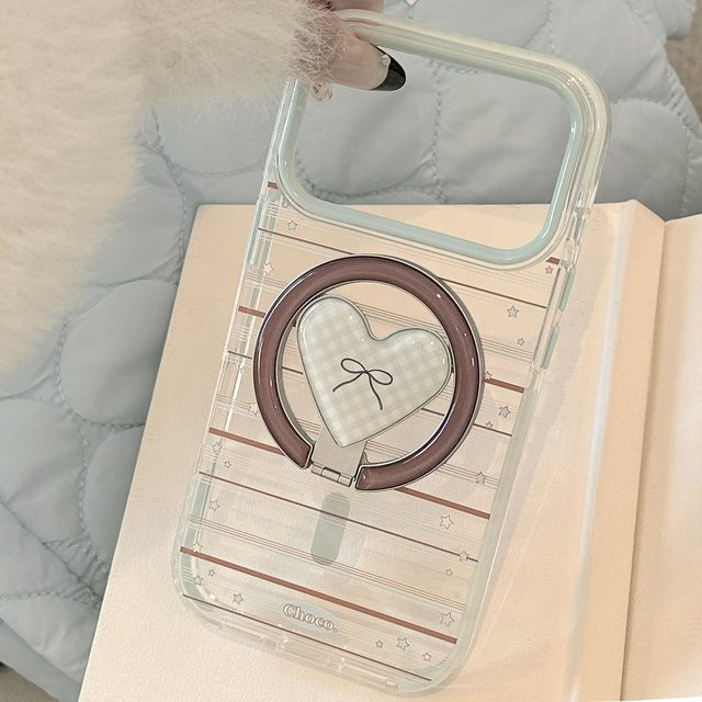 INS Handyhülle Blau Gestreift mit Herz-Schleife und magnetischer Halterung für iPhone 17 16 15 14 13 12 Pro Max Stoßfester Schutz - Bild 1