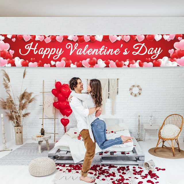 VIKAMA Valentinstag-Banner mit Herz-Design in Rot für Valentinstag und Hochzeitstag, hängender Hintergrund für Innen und Außen, Breite: 180 cm, Höhe: 35 cm - Bild 1