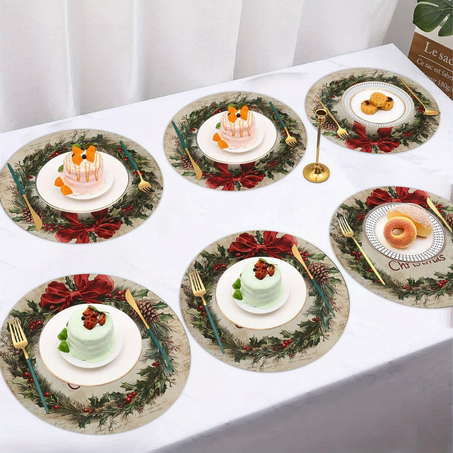 VIKAMA 6er Set Weihnachtsmahlzeitmatten mit Weihnachtskranz-Design in Rot und floralem Muster aus PVC - Bild 4