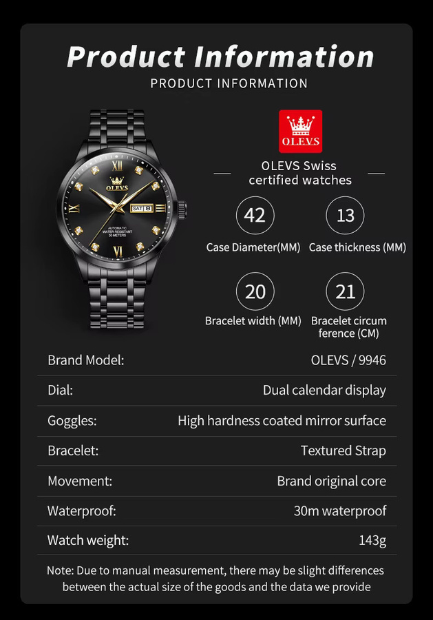 OLEVS Armbanduhr Automatik, Edelstahl, Gold, Diamant, Doppelkalender, Herren - Bild 6
