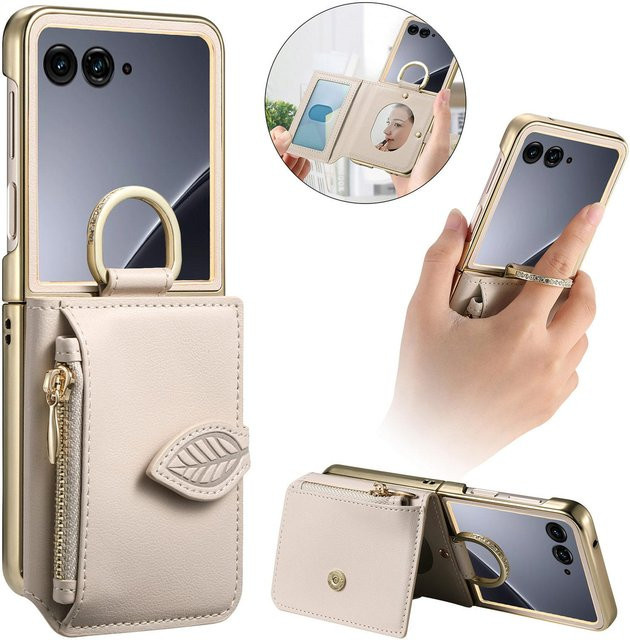HQBBRO Leder Handyhülle mit Reißverschluss, Magnetischer Ringhalter, Spiegel und Kartenfächer für Motorola Razr 60 und Motorola Razr 50 Ultra, Farbe: Beige - Bild 1