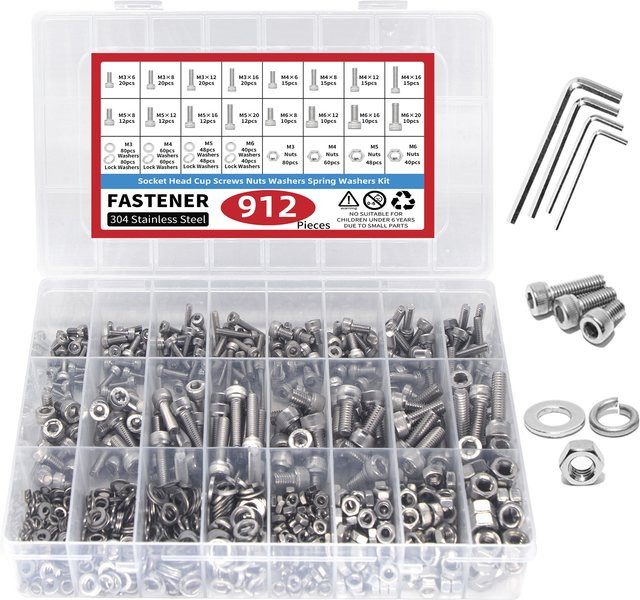 AIMUNOK 912-teiliges Set aus 304 Edelstahlschrauben, Muttern und Unterlegscheiben in Silber für M3 bis M6 zur mechanischen Montage - Bild 1