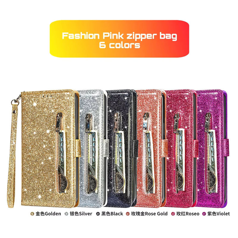 Glitzer Lederhülle mit Reißverschluss als Flip-Brieftasche für Samsung Galaxy S26 S25 S24 S23 S22 S21 S20 S10 Plus Note 20 5G in Silber - Bild 5