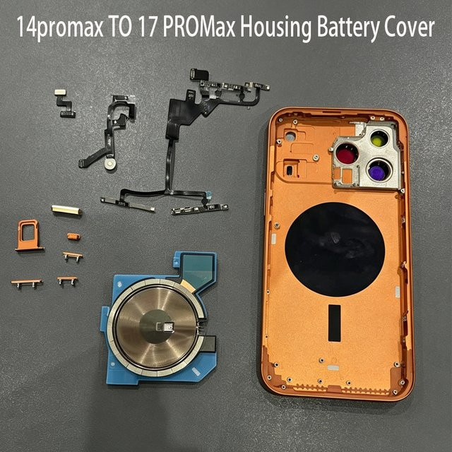 Txiusj DIY Akku-Gehäuse Mittelrahmen mit SIM-Kartenhalter für iPhone 14 Pro bis 17 Pro Max in Orange - Bild 1