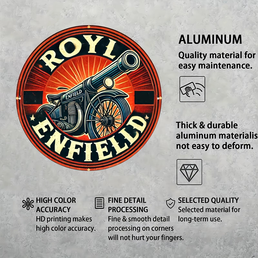 Potdemiel Royal Enfield Cannon Rundes Aluminium-Wandkunst Metallschild in Mehrfarbig, Durchmesser: 19,81 cm - Bild 5