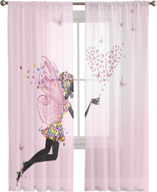 Yiran Furniture Transparentes Chiffon-Voile-Vorhang Set mit Schmetterlings- und Fee-Motiv in Rosa und Weiß, Breite: 50 cm, Höhe: 130 cm, 2 Stück - Bild 1