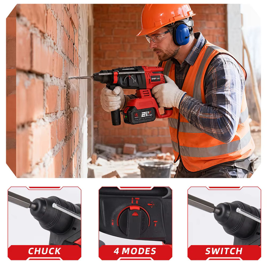 ONEVAN 3500W Bürstenloser Elektrohammer in Rot, Kabelloser Multifunktions-Schlagbohrer mit 4 Modi für Makita 18V Akku - Bild 5