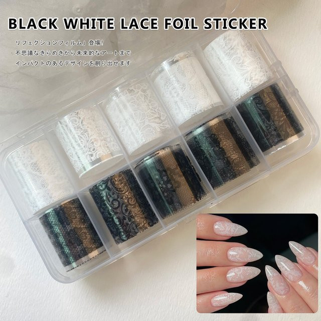 TSZS Nageltransferfolien, 10 Rollen, Weiß und Schwarz, Blumen-Design - Bild 1