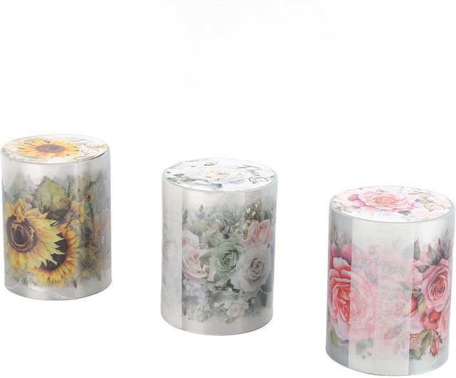 3 Rollen wasserfestes PET Washi Tape von Koogeelife in Grau und Bunt mit Blumen- und Pflanzenmotiven für DIY Nagelkunst und Scrapbooking - Bild 1
