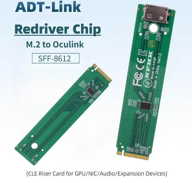 ADT-Link NVMe M.2 2280 zu Oculink SFF-8612 Adapterkarte mit Redriver Signalverstärkung für PCIe 5.0 4.0 3.0 SSD und GPU in Grün - Bild 1