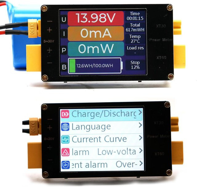 DykbRadio Leistungsmesser XT60 64A mit 2,4-Zoll-Display, bidirektionaler Stromalarm-Monitor für Li-Ion und LiFePO4 BMS, Schwarz - Bild 1