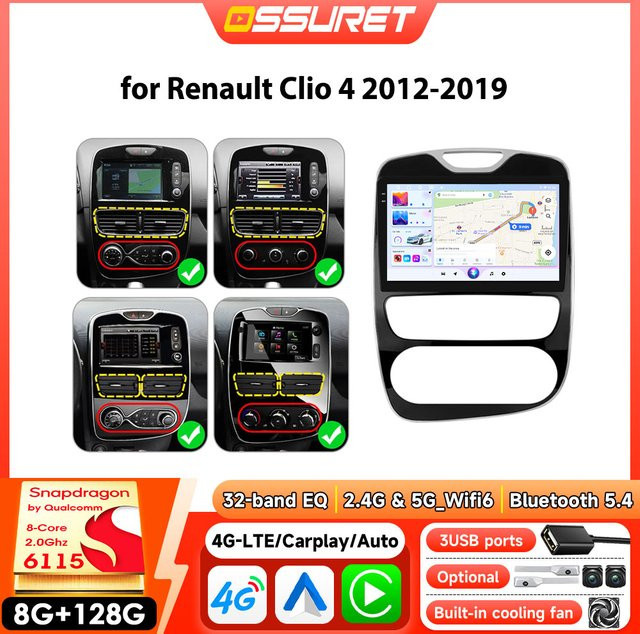 OSSURET Autoradio-Multimedia-Player für Renault Clio 4 2012–2019 mit GPS, 4G und Android Auto, Snapdragon 6115, Schwarz - Bild 1