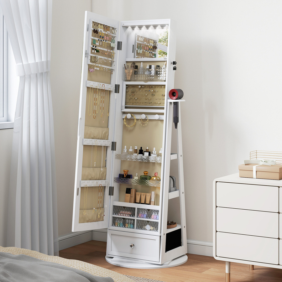 HOMCOM Schmuckschrank mit LED-Licht und Ganzkörperspiegel in Weiß von Aosom - Bild 2