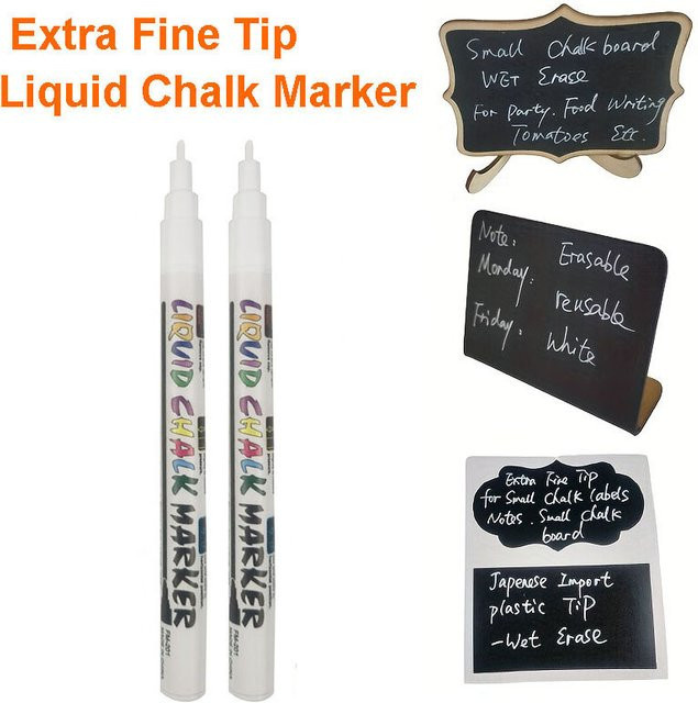 2er-Pack weiße Flüssigkreide-Marker mit extra feiner Spitze, trocken und nass abwischbare Markierungsstifte für Tafeln, Kalender und Fenster - Bild 1