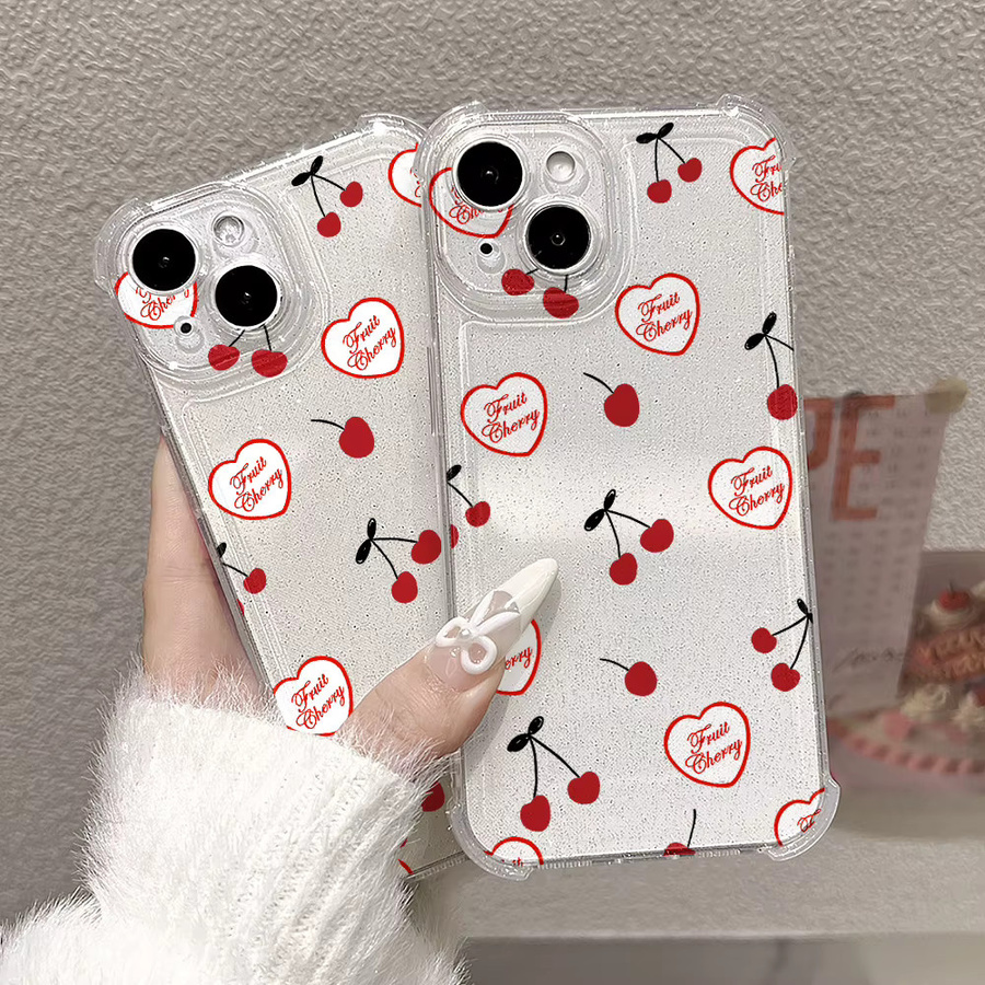 Bling Love Heart Cherry Silikonhülle für Apple iPhone 11 12 13 14 15 16 17 Pro Max Transparent Stoßfestes Softcase mit Glitzer-Design - Bild 2