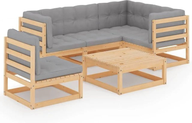 vidaXL 6-tlg Garten-Lounge-Set aus massivem Kiefernholz in L-Form mit grauen Polstern und Kissen - Bild 1