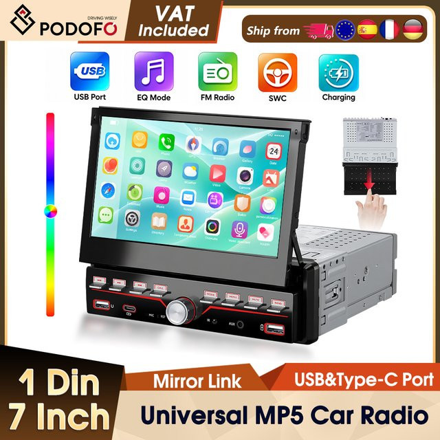 Podofo 7-Zoll 1Din Auto-MP5 Multimedia-Player mit ausfahrbarem IPS-Bildschirm, Bluetooth, Typ-C und Mirror Link in Schwarz - Bild 1