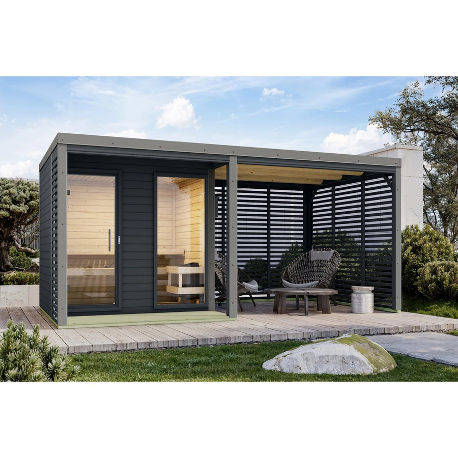 Karibu Anbaudach für Karibu Saunahaus Seros in Anthrazit-Grau mit Lamellenoptik aus Aluminium - Bild 2