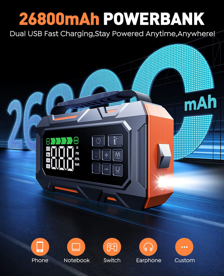 BUTURE Powerbank mit 26800mAh Starthilfe und Luftkompressor 160PSI als tragbares Auto-Pannenhilfe-Set - Bild 3