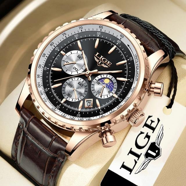 LIGE Armbanduhr, Quarz, Chronograph, Edelstahl, 46 mm, Herren, schwarz/gold - Bild 1