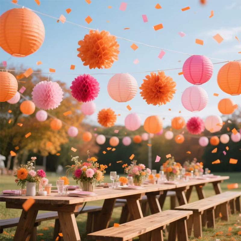14-teiliges Herbst-Papierlaternen-Set mit Tissue-Pom-Poms in Mehrfarbig, runde hängende Papierdekoration für Hochzeit, Geburtstag und Party - Bild 1