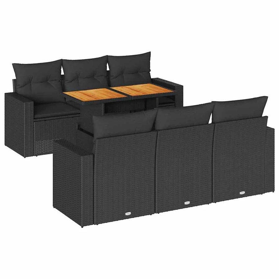 vidaXL 7-teilige Garten-Sofagarnitur aus Poly-Rattan und Akazienholz in Schwarz mit Kissen - Bild 2