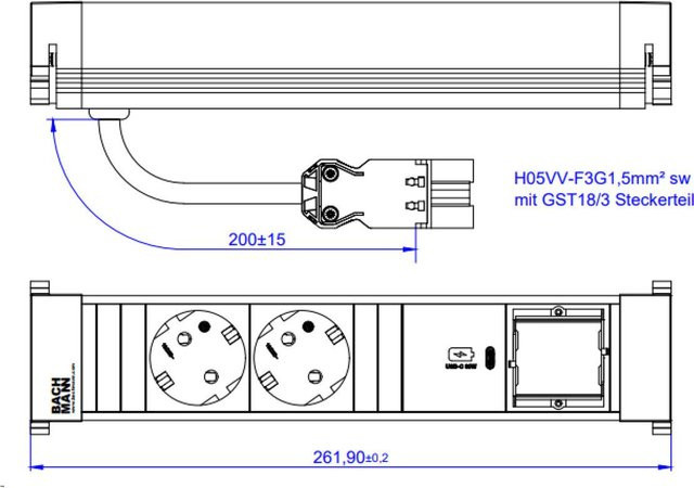 Bachmann Power Frame Steckdosenleiste Medium ALU Schwarz mit 2 Schutzkontaktsteckdosen, 1 USB-C 30W Charger und 1 leerem Custom Modul, 0,2m Zuleitung mit GST18 Stecker - Bild 1
