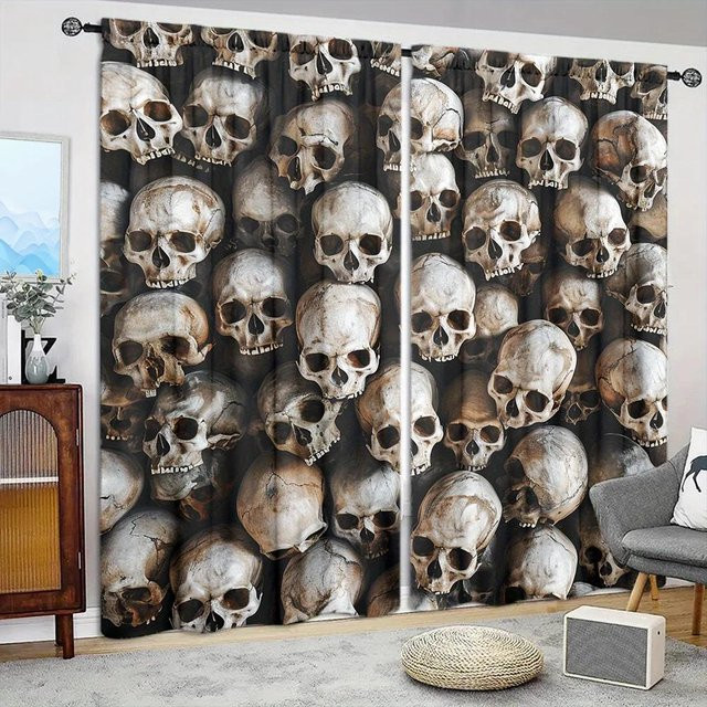 2er-Set Totenkopf Vorhang mit Grafikprint in Schwarz von Household supplies MH, halbtransparent, Breite: 75 cm, Höhe: 165 cm - Bild 1